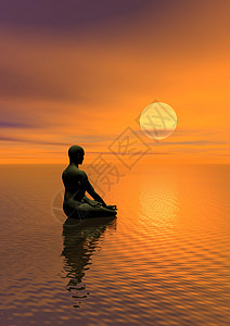 在太阳面前和海洋上沉思由美丽的夕阳在日落下冥想在下冥想宗教的冷静幽思图片