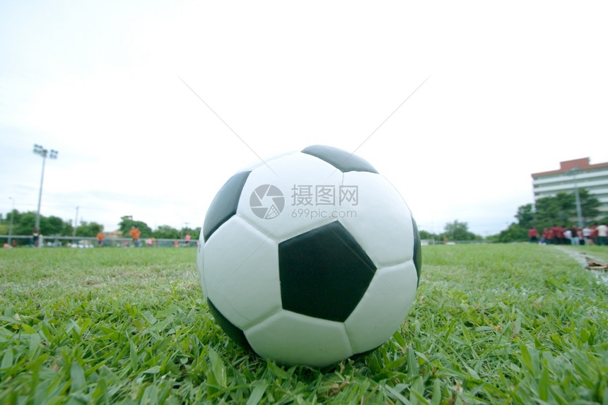 锻炼皮革黑色和白球被放在足场上草地黑色的图片
