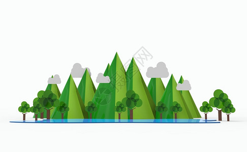 森林白色山脉云平坦的山地湖树白底3D插图上隔绝的白色树美丽设计图片