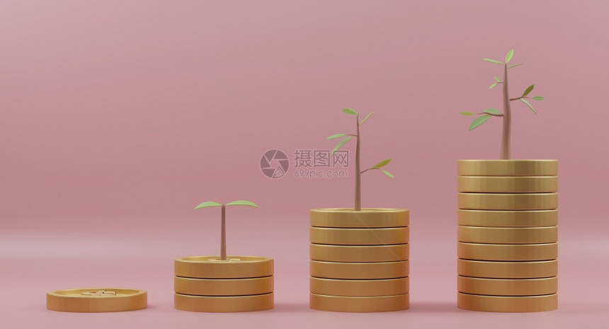 金融叶子销售3DD以粉红背景树木绘制的纸币堆叠生长图企业投资和储蓄金概念图片