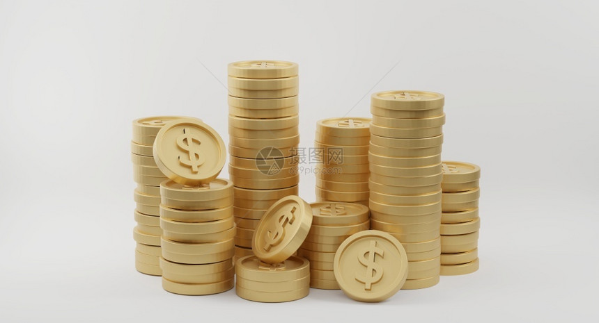 宝藏在白背景上印有美元符号的金币堆银行和融概念3D投影在线的卖图片