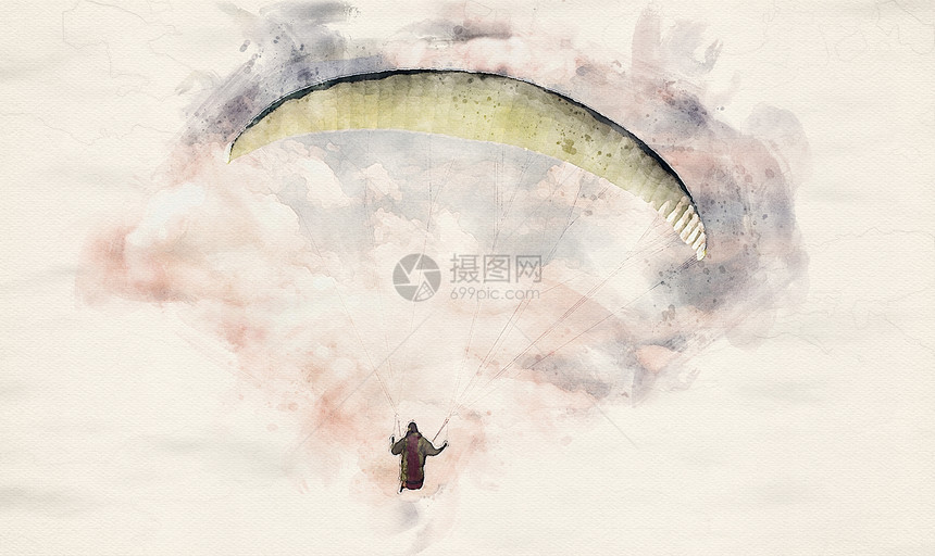 滑翔伞在云层中飞行的水彩图示运动降落伞溅图片