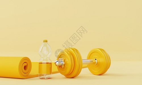 鼎边糊目的身体肌肉发达运动健身装备与瑜伽席边饮用水瓶和糊黄色背景的哑铃相配适合和体育概念Monorcolor3D插图背景