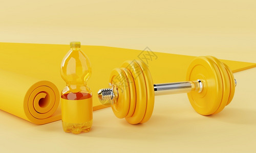 鼎边糊肌肉运动健身装备与瑜伽席边饮用水瓶和糊黄色背景的哑铃相配适合和体育概念Monorcolor3D插图重量使成为设计图片