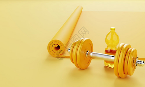 鼎边糊运动健身装备与瑜伽席边饮用水瓶和糊黄色背景的哑铃相配适合和体育概念Monorcolor3D插图金属使成为健康背景