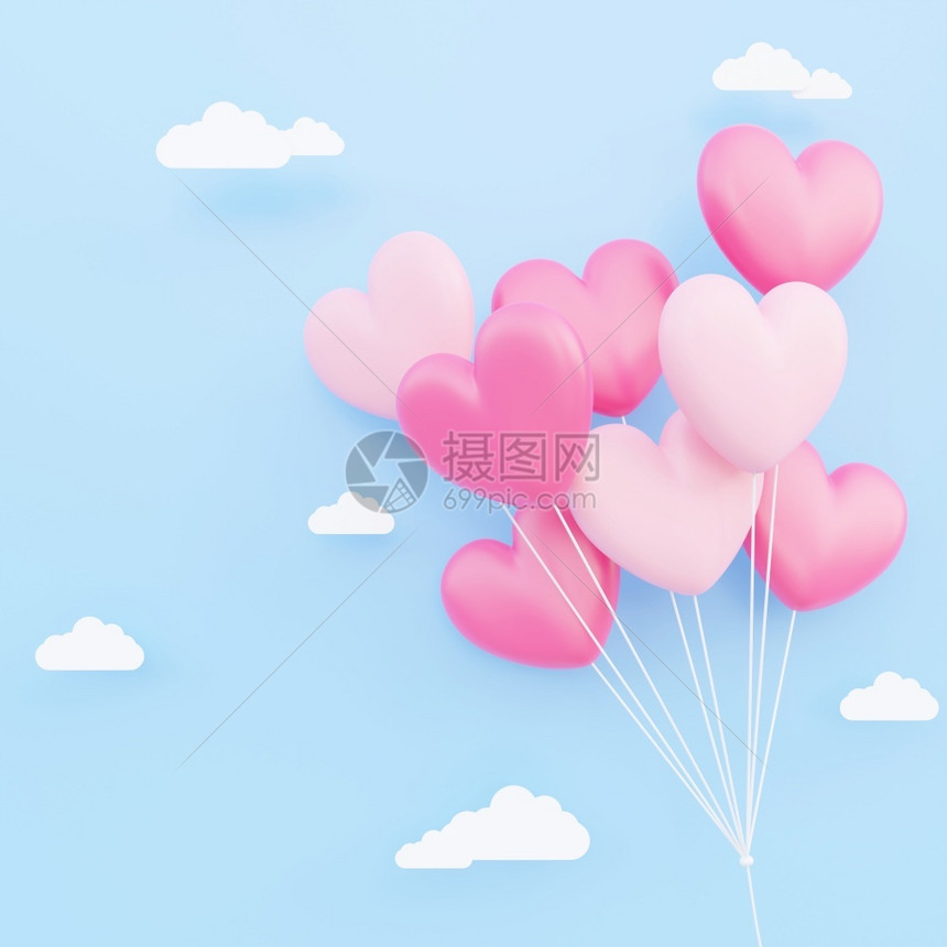 海报卡片复制情人节爱概念背景粉红和白色的3D心形气球花束在天空中飘浮有纸云图片