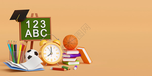 包颜色返回学校的横幅背景闹钟带教育用品的文具3个插图统治者图片