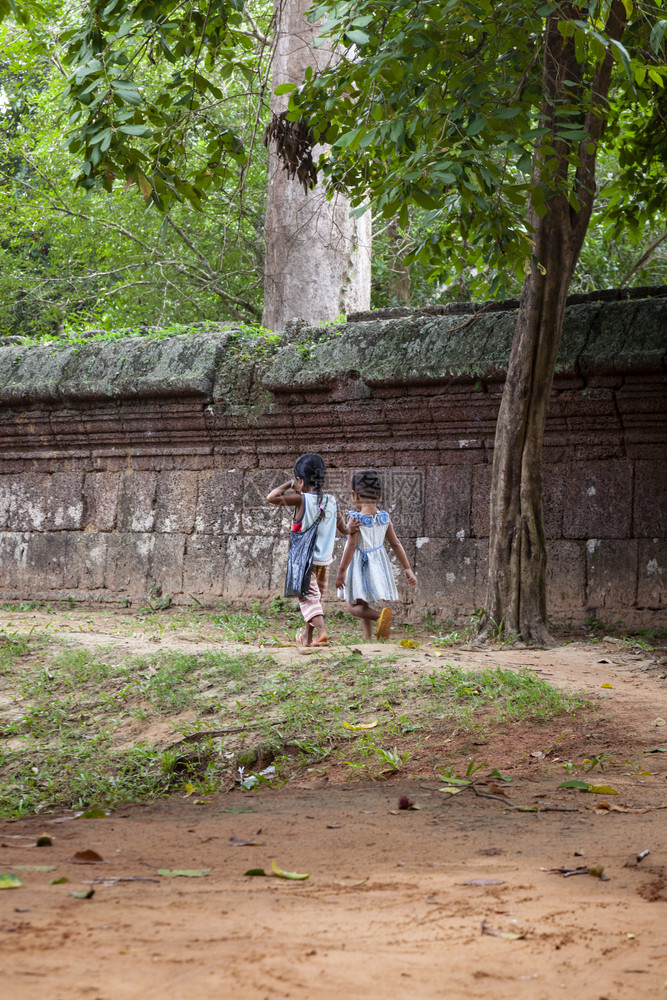 树两个小女孩在石墙上走着两个小女孩们白天图片