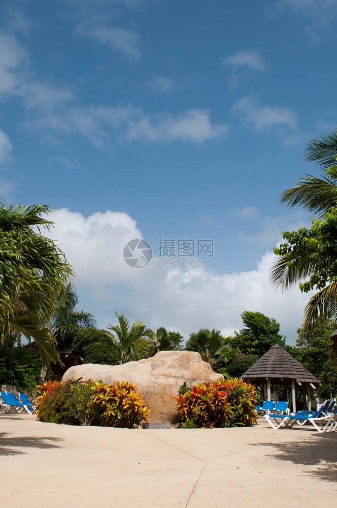人造的植物群在热带度假胜地棕榈树周围有大块人造石头椅子和平房的华丽游泳池面积四周为棕榈树美丽的图片