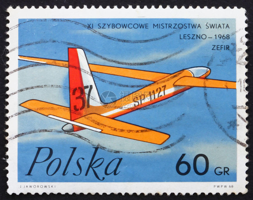 波兰CIRCA1968在波兰印刷的章显示Zephyr波兰滑雪机circa1968抛光滑翔和风图片