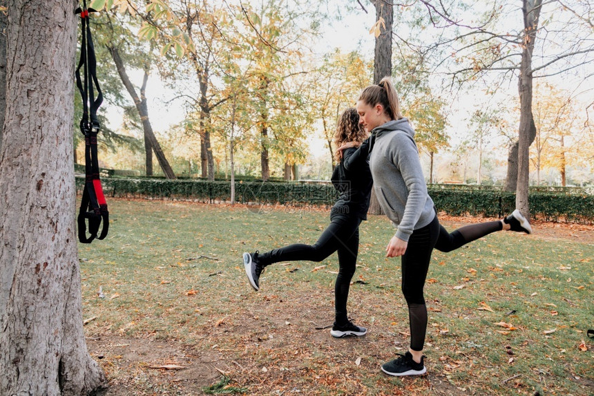 积极的几个女人在公园里一起户外训练几个女人在公园里户外训练身体吊索图片