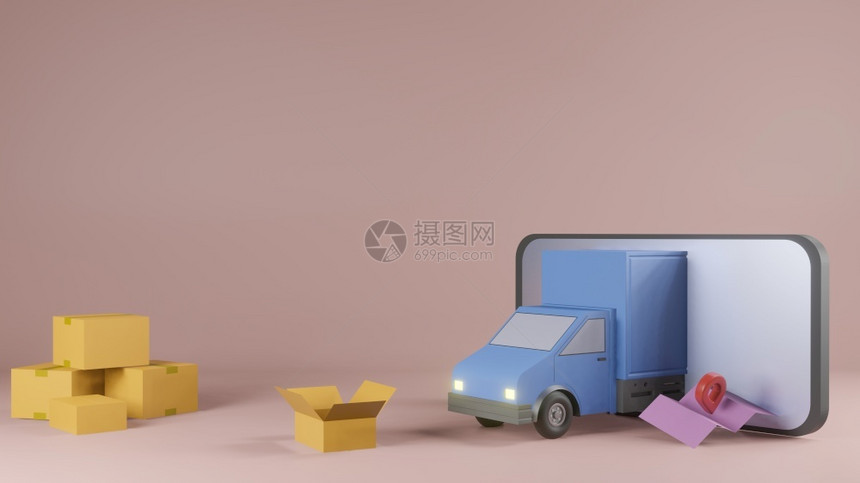 商业货运在线交付服务应用程序概念送货车和带有3D翻接的移动电话图片