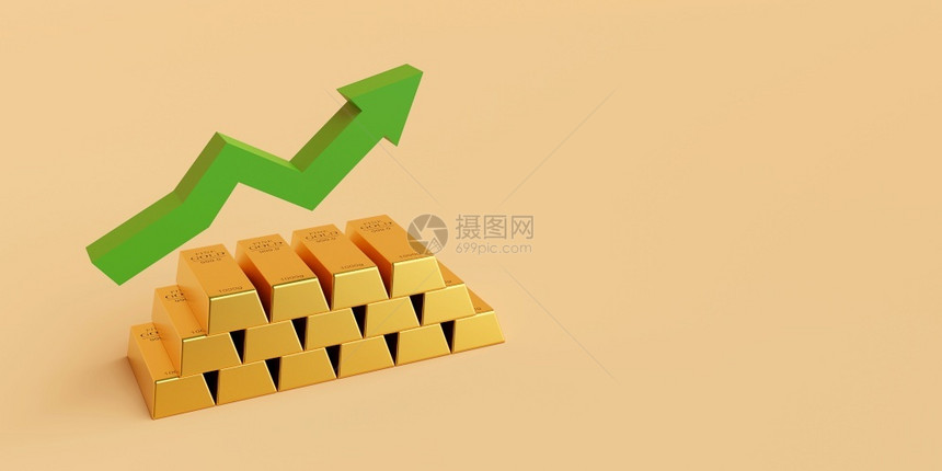 宝贵的金属银行箭头上升的金条Banner背景与复制空间3D图片