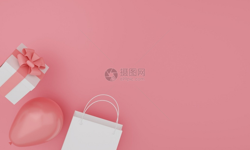 一套粉红色彩背景的模拟纸袋礼品盒和气球套装节日设计3D奢华墙纸优雅的图片