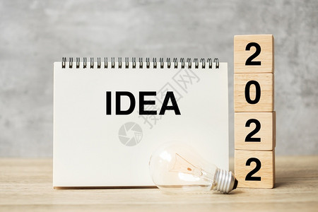 灯块木头20文本木块和带灯泡的IDEAS字在桌上新年想法创意新想象力灵感分辨率战略和目标概念解决方案商业背景