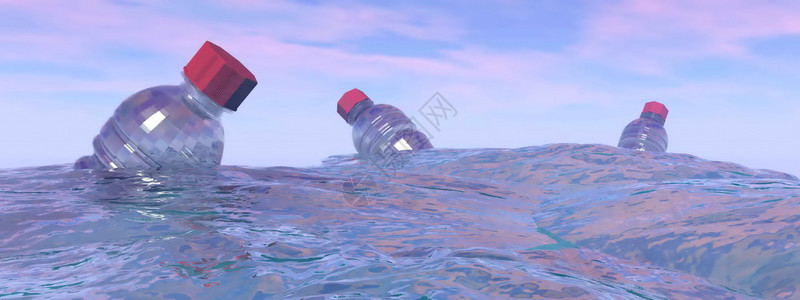 瓶子倾倒日落时在海洋漂浮的三瓶塑料污染3D使得海洋塑料瓶的污染3D使经过污垢支撑设计图片