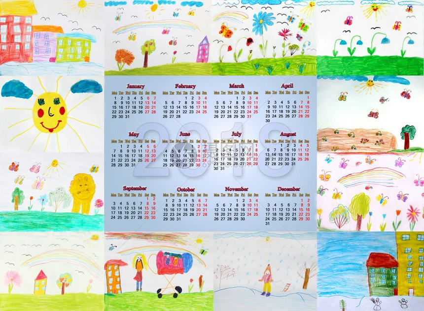 喜悦图纸2018年日历其2018年日历中幼稚的绘画为2018年美丽的日历每个月绘制不同的幼美图画图片