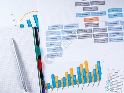 商业平衡桌面图表笔记本和圆珠上附有日记和的图形组织结构桌面笔记和圆点金融背景图片