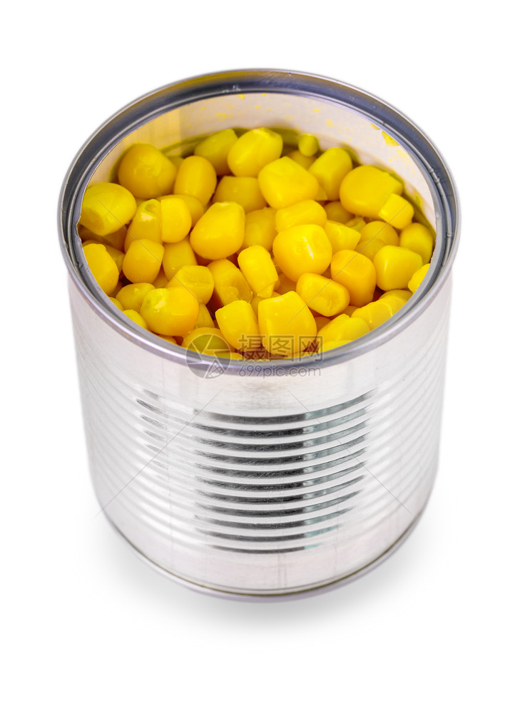 商品盒在白背景上被隔离的开阔锡罐中头玉米图片