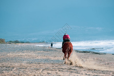 美丽的埃里尼水男人在塞浦路斯AyiaErini海滩上骑着棕色快马图片