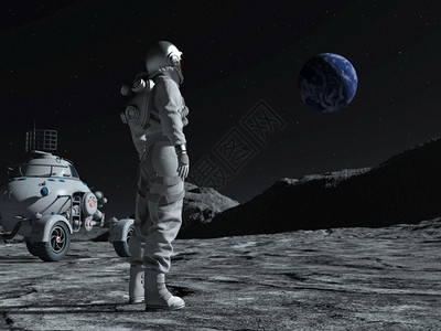 路虎发现神行旅行卫星黑暗的在月球上太空行走的宇航员仰望着地球紧靠他旁边是一辆月光车3D号向月球上太空行走的宇航员设计图片