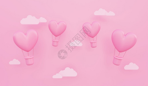 异恋周年纪念日恋情人节爱概念背景粉红色3D心形热气球在天空中飞翔上面有纸云复制空间漂浮设计图片