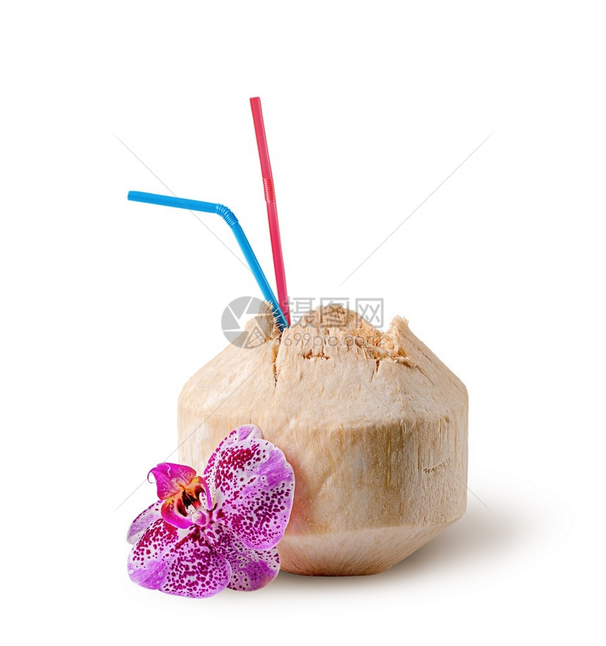 水果喝素食主义者与兰花一起的新鲜椰子水在白色背景上与兰花相隔离在白色背景上与兰花相近的地方与兰花相靠近图片
