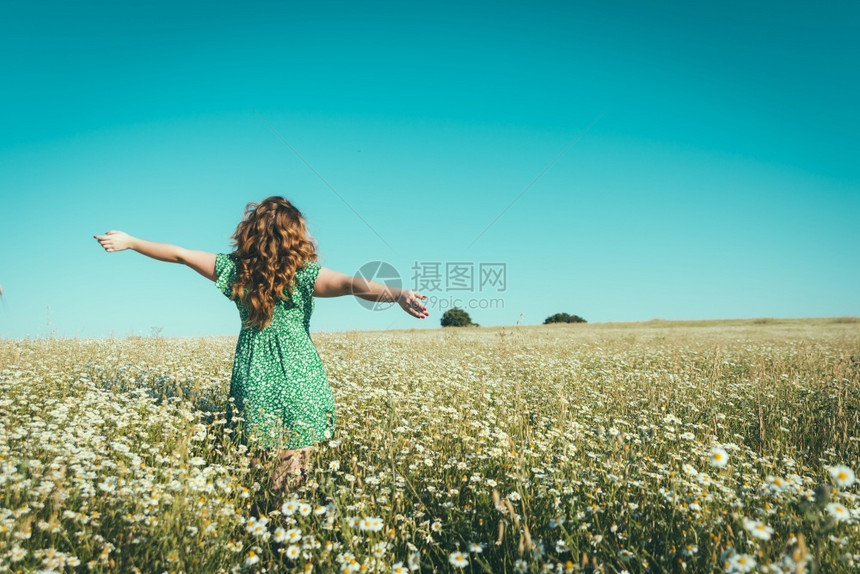 阳光女人背对着她在田地上露出双臂野花自由图片