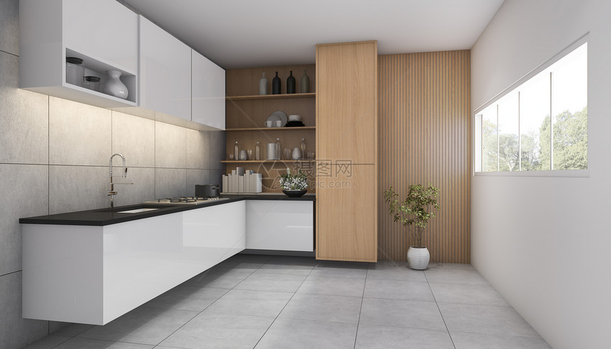 植物3d将现代木制厨房与窗户连接现代的用餐图片