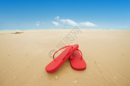 沙滩上的红色拖鞋图片