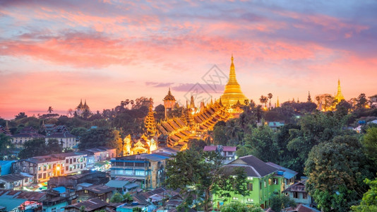 佛塔吸引力文化缅甸日落时仰光天线与Shwedagon塔台同缅甸图片