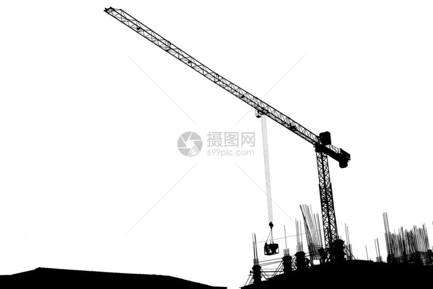 白色背景工地建筑中的锡月光造起重机Silhouette商业电梯金属图片