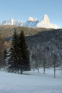 在意大利北部多洛米特人区的一幅闪光冬季景象谷美丽的天图片