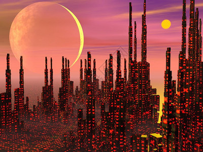 一个幻想中的城市和奇异行星的未来建筑闪耀神奇太阳图片