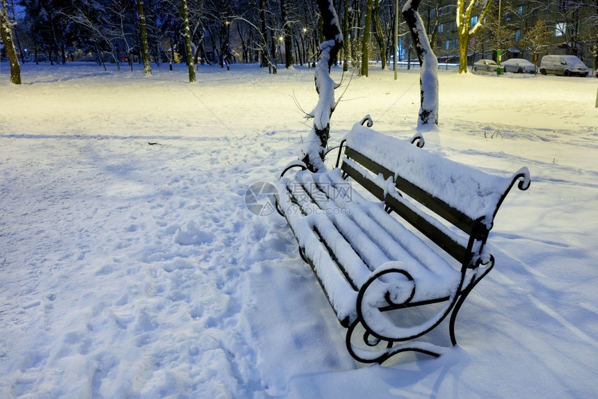 寒冷的新鲜冬天夜光明亮照了一座城市公园中的空木板凳晚上在一个城市公园中铺着满雪的空无木板凳在一片清新雪地堆满一整座城市公园中铺着图片
