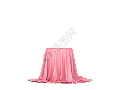 粉色毯子讲台揭开面纱展示用白色背景孤立的布片3d插图覆盖了被一块布的设计图片