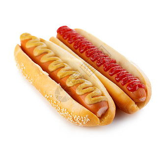 维纳法兰克福卡路里古典热狗配芥子酱和番茄紧贴白色背景背景图片
