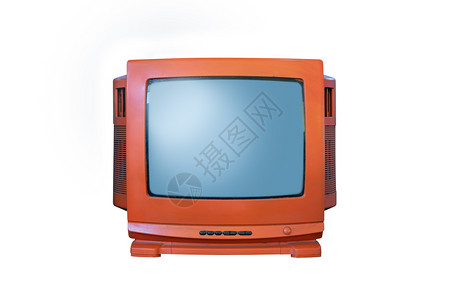 旧橙色电视从80年代开始以白色背景被隔离消息程序老的图片