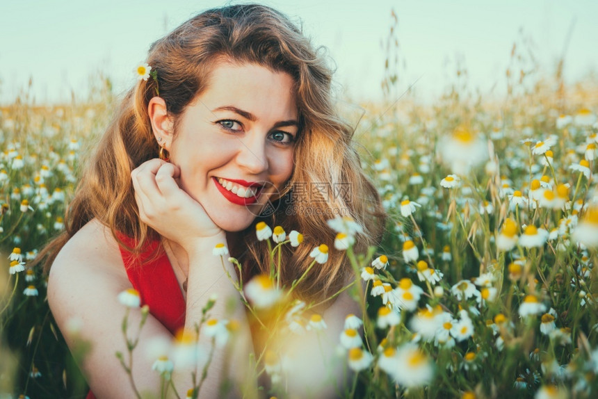 白种人近身肖像金发女郎在田地的雏菊上保持夏天图片