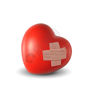 伤口清洗患病的插图医疗红色心与石膏孤立在白色背景上设计图片