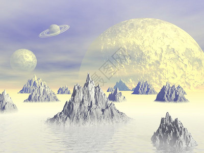 月亮谷景观风优美幻想充满岩山雾和行星的白色风景设计图片