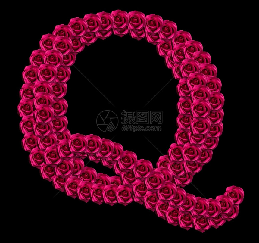 华丽的由红玫瑰制成大写字母Q浪漫概念形象孤立在黑色背景上设计爱情或人节主题的设计元素美国广播公司排版图片