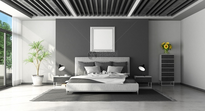 向日葵家植物配备木天花板和通风烤炉的现代黑白最小型主卧室3D制成黑色和白现代主卧室图片