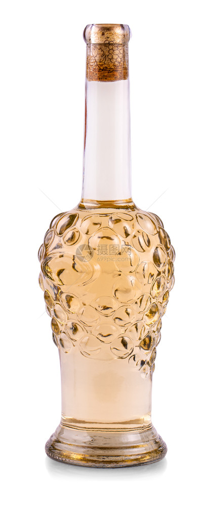 满的瓶白葡萄酒形成藤对白色背景瓶葡萄酒形成藤对白色背景干燥玻璃图片