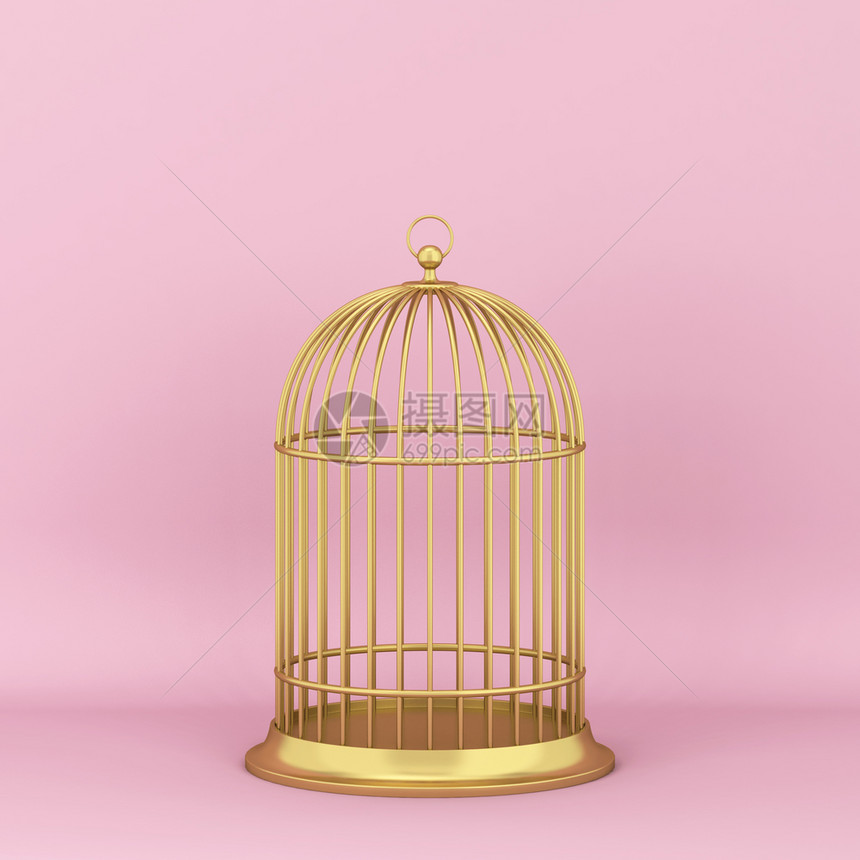 错觉粉色的动物红背景的封闭装饰鸟笼3D插图图片