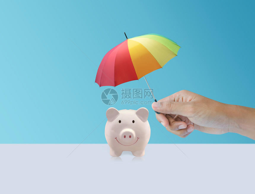 粉红小猪陶瓷银行配有彩虹伞和安全保险陶瓷制品富有的贷款图片