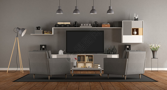 灰色银河货架白色的极简主义者带有家庭电影系统的最小灰色房间和两张手椅3D制成与家庭电影系统相配套的小型灰色房间当代的设计图片
