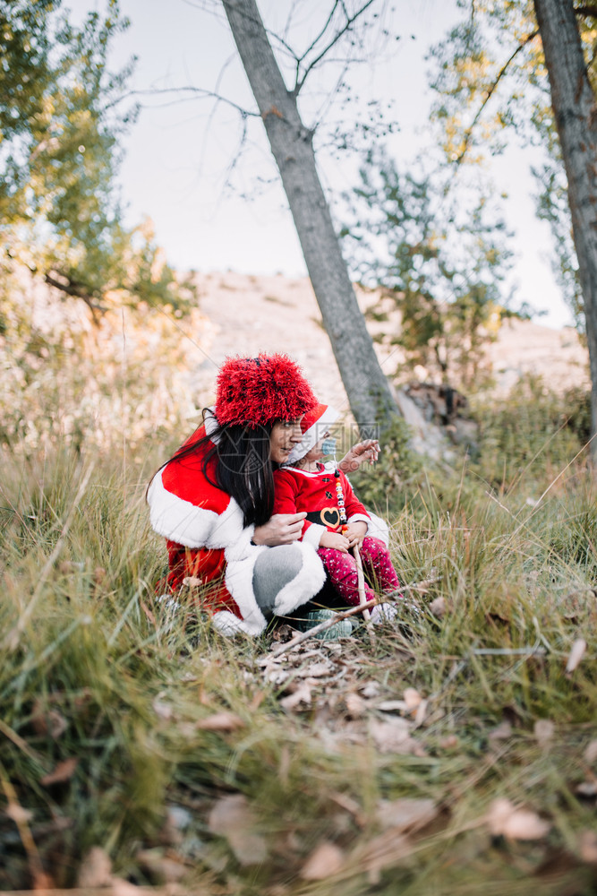 胡须母亲和女儿伪装成圣诞假在森林上安息的座位传统季节图片