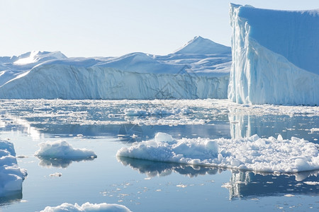 卢嫩堡美丽的冰山在迪斯科湾格陵兰岛伊卢利萨特周围的蓝色天空北极自然白色的背景