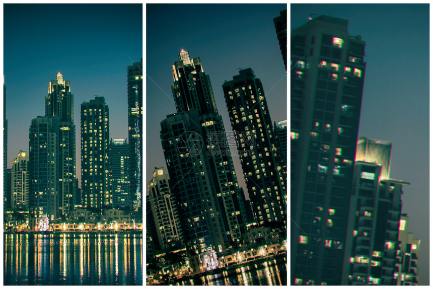 迪拜市夜间城景色在水面上的反射与以小裂缝风格的染色妄想阿联酋旅游酒店图片